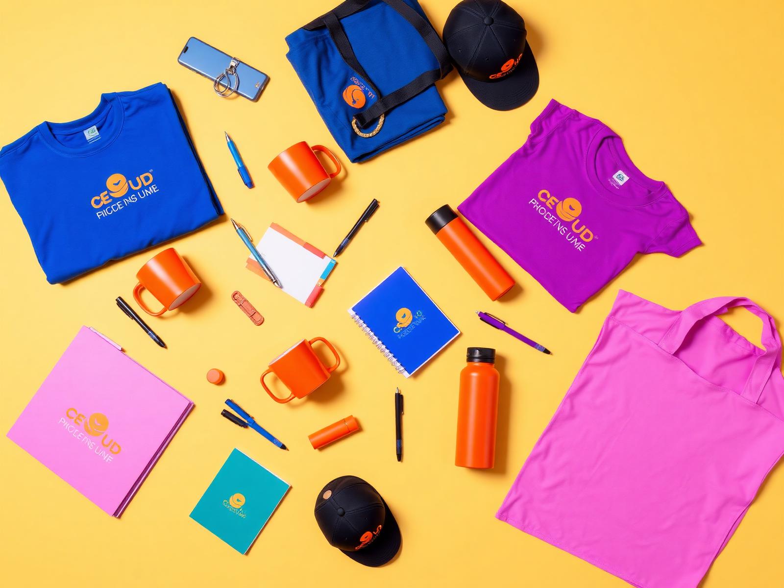 Coleção de brindes personalizados: canecas, camisetas, canetas, ecobags e mais